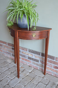antieke haltafel, antieke halvemaan tafel, antieke mahonie tafel, antieke wandtafel, antieke plantentafel, antieke halfronde tafel op drie poten met twee laden.