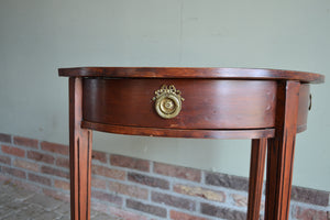 antieke haltafel, antieke halvemaan tafel, antieke mahonie tafel, antieke wandtafel, antieke plantentafel, antieke halfronde tafel op drie poten met twee laden.